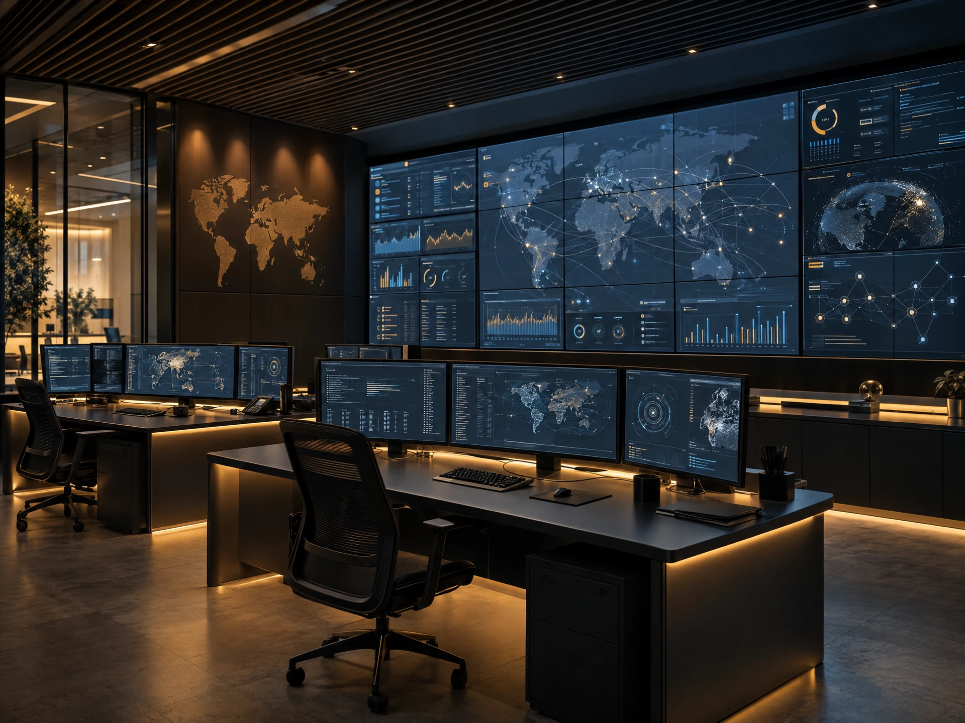 Illustrative network and security operations room with monitoring displays